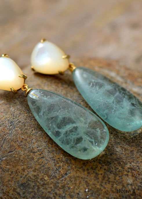 Boho Earrings, Dangle Earrings, Fluorite Shell Stud